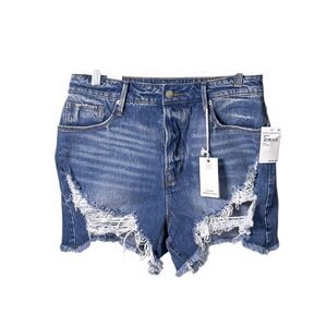 Good American Bombshell Shorts Blue Distressed Stretch High Rise Denim 8/29 NWT
